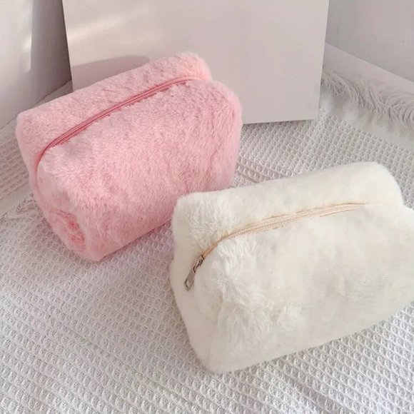 Fuzzy Cosmetic Bag Makeup Travel Organize Clutch Toiletry Pink or White Weekend - Picture 1 of 9
